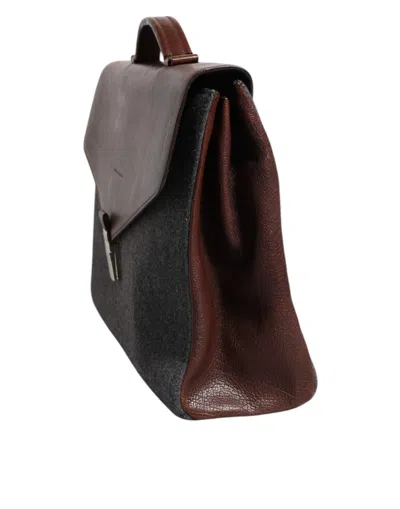 Pre-owned Brunello Cucinelli Brown Gray Leather Cognac Wool Business Tote Men's Bag ()