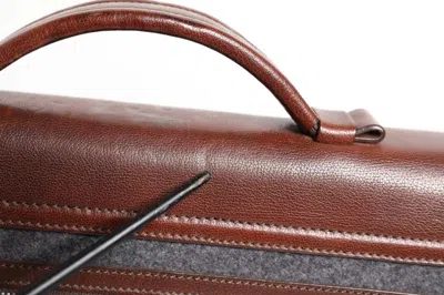 Pre-owned Brunello Cucinelli Brown Gray Leather Cognac Wool Business Tote Men's Bag ()