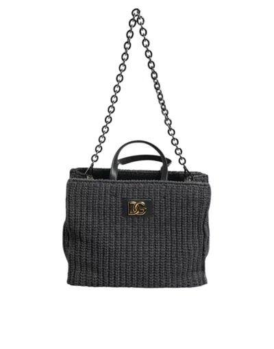 Dolce & Gabbana Black Large Knitted Crochet Shoulder Shopper Dg Logo Bag In Black