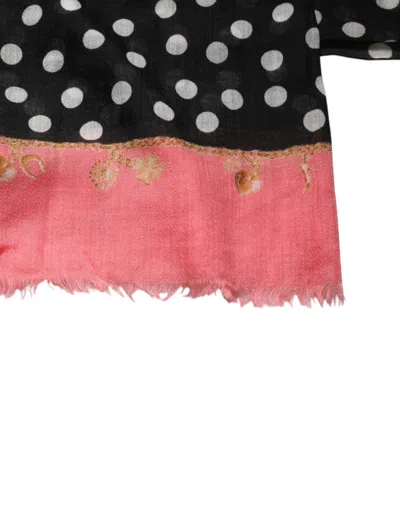 Pre-owned Dolce & Gabbana Black White Polka Dots Fringes Wrap Women's Scarf () In Black And White