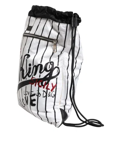 Pre-owned Dolce & Gabbana Black White Striped Polyester Drawstring Men's Bag () In Black And White