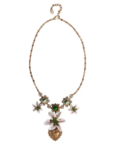 Dolce & Gabbana Gold Brass Lily Crystal Sacred Heart Pendant Women's Necklace In Gold