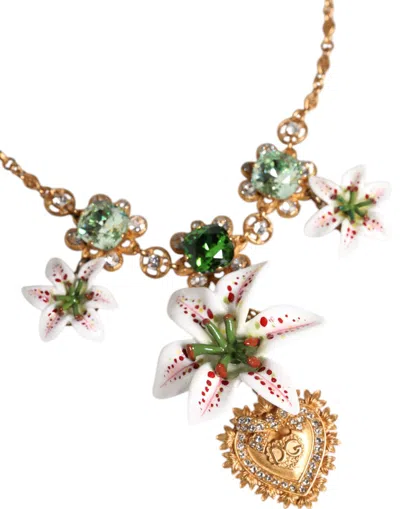 Dolce & Gabbana Gold Brass Lily Crystal Sacred Heart Pendant Women's Necklace In Gold
