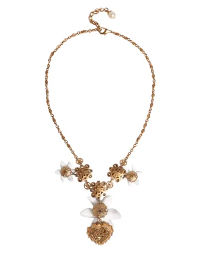 Dolce & Gabbana Gold Brass Lily Crystal Sacred Heart Pendant Women's Necklace In Gold