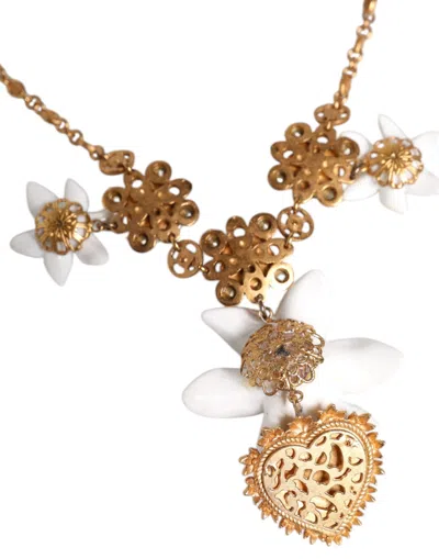 Dolce & Gabbana Gold Brass Lily Crystal Sacred Heart Pendant Women's Necklace In Gold