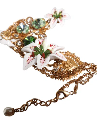 Dolce & Gabbana Gold Brass Lily Crystal Sacred Heart Pendant Women's Necklace In Gold