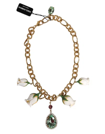 Dolce & Gabbana Gold Brass Short Chain Flower Crystal Pendant Women's Necklace In Gold