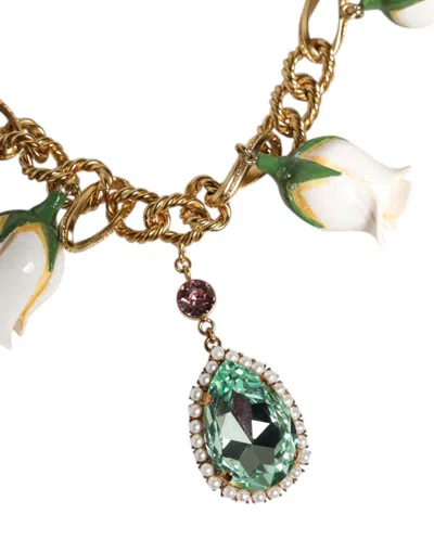 Dolce & Gabbana Gold Brass Short Chain Flower Crystal Pendant Women's Necklace In Gold