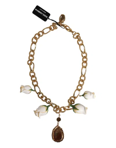 Dolce & Gabbana Gold Brass Short Chain Flower Crystal Pendant Women's Necklace In Gold