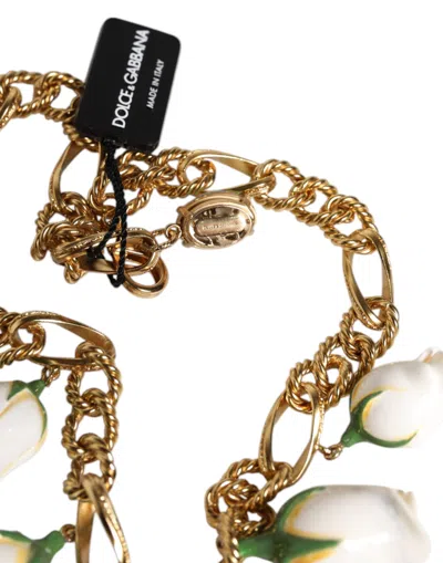 Dolce & Gabbana Gold Brass Short Chain Flower Crystal Pendant Women's Necklace In Gold