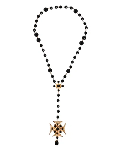 Dolce & Gabbana Gold Tone Brass Cross Black Beaded Chain Rosary Men's Necklace In Black