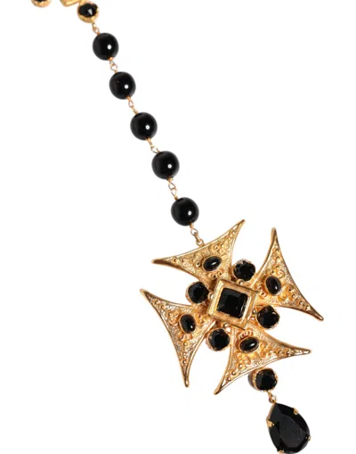 Dolce & Gabbana Gold Tone Brass Cross Black Beaded Chain Rosary Men's Necklace In Black
