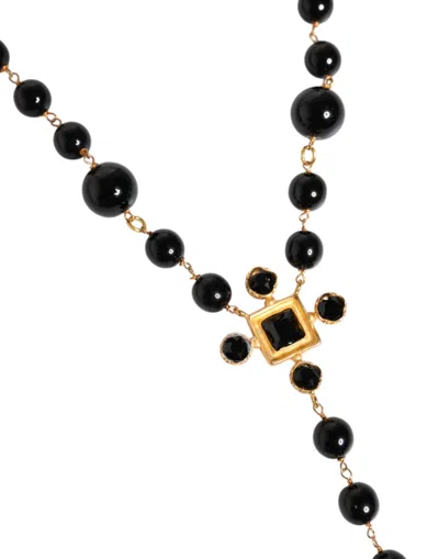 Dolce & Gabbana Gold Tone Brass Cross Black Beaded Chain Rosary Men's Necklace In Black