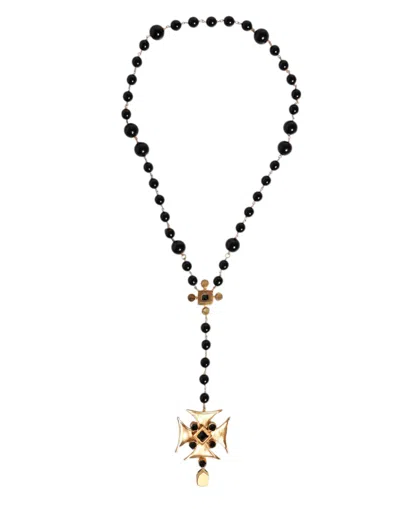 Dolce & Gabbana Gold Tone Brass Cross Black Beaded Chain Rosary Men's Necklace In Black
