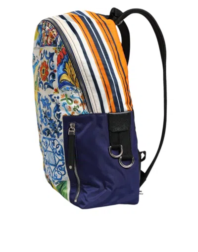 Pre-owned Dolce & Gabbana Multicolor Majolica Print Nylon School Backpack Men's Bag ()