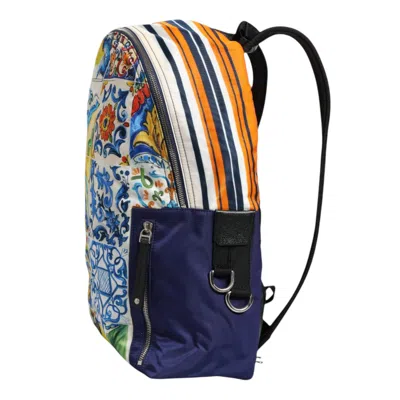 Pre-owned Dolce & Gabbana Multicolor Majolica Print Nylon School Backpack Men's Bag ()