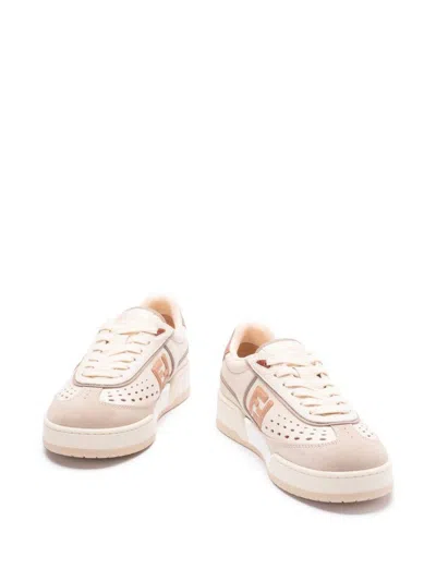 Fendi Leather Sneakers With Contrast Heel Tab In Beige