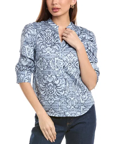 T Tahari Ruched Sleeve Button-up Split Neck Top In Blue