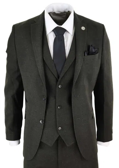 OLIVER TWEED MENS 3 PIECE OLIVE GREEN WOOL TWEED VINTAGE RETRO SUIT 