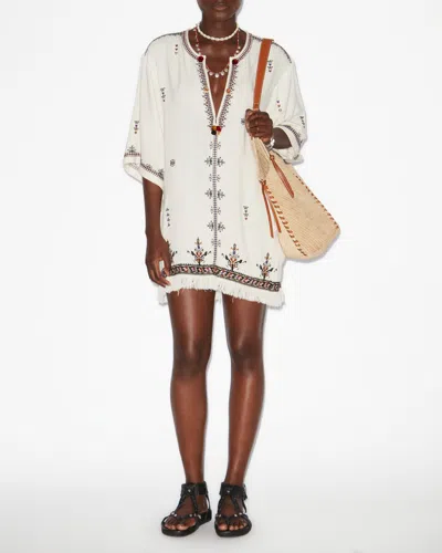 Isabel Marant Étoile 'kressy' White Dress With All-over Embroidery And Frayed Edge In Beige