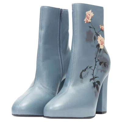 Dries Van Noten Slate Rose Print Block Heel Ankle Boot In Blue