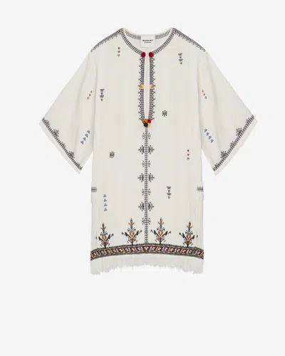 Isabel Marant Étoile 'kressy' White Dress With All-over Embroidery And Frayed Edge In Beige