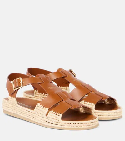 Prada Leather And Raffia Sandals In Cuoio
