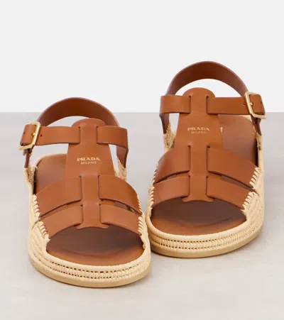 Prada Leather And Raffia Sandals In Cuoio