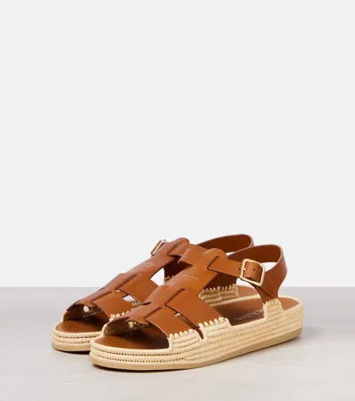 Prada Leather And Raffia Sandals In Cuoio