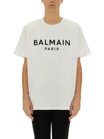 Balmain White Crewneck T-shirt With Contrasting Logo Lettering Print In Cotton In White