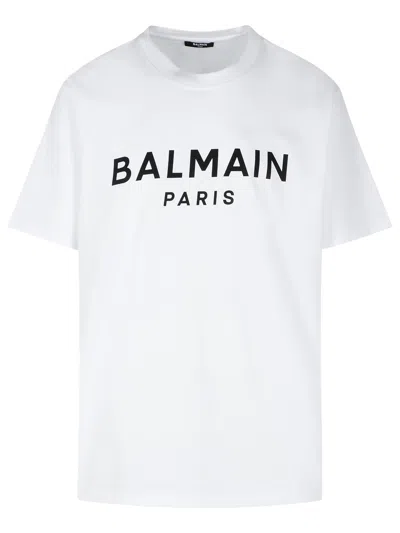 Balmain White Crewneck T-shirt With Contrasting Logo Lettering Print In Cotton In White