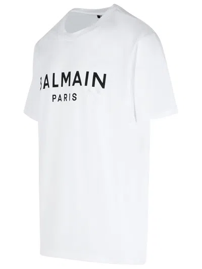 Balmain White Crewneck T-shirt With Contrasting Logo Lettering Print In Cotton In White
