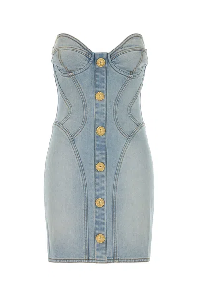 Balmain Strapless Mini Denim Dress In Bleujeanclair
