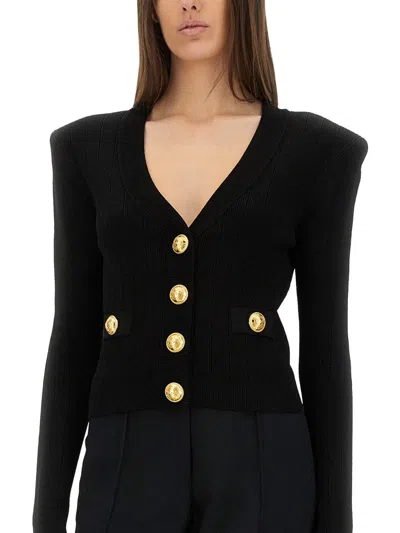 Balmain Black Fitted Cardigan With V Neckline And Jewel Buttons In Knit In Black
