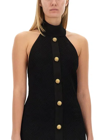 Balmain Black Dress With Pointed Collar And Logo Buttons On The Front In Wool Woman In Black