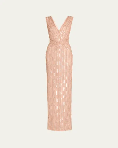 Pamella Roland Column Bead Sequined Tulle Gown In Blush