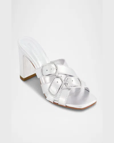 Bernardo 1946 Bea Metallic Buckle Mule Sandals In Light Silver Metallic Glove Leather