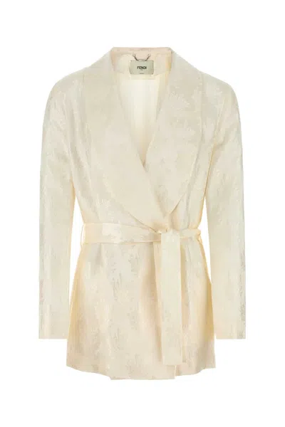 Fendi Silk Blazer With Belted Waist And Jacquard Pattern In White