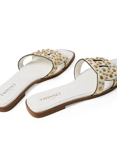 Twinset Twin-set Slip-on Sandals With Gold-tone Stud Embellishments In White
