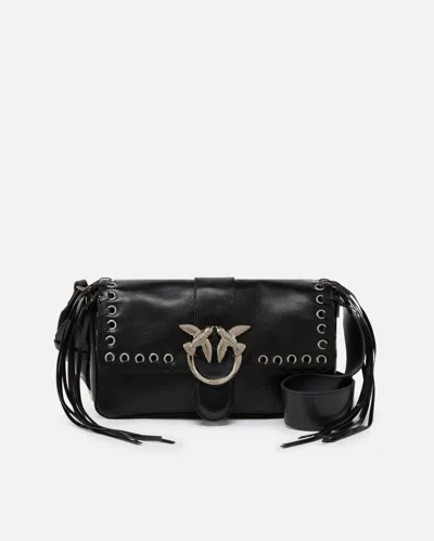 Pinko Soft Love Bag Slouchy Shoulder Bag With Fringes In Nero Limousine-brushed Silver
