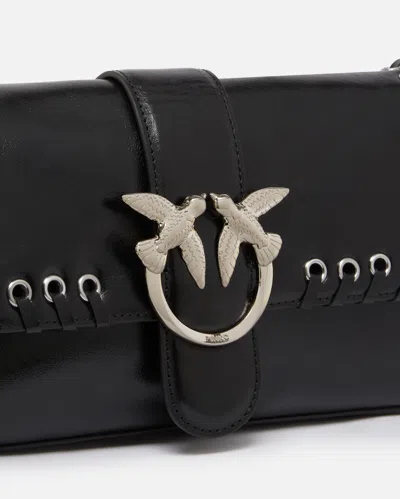 Pinko Soft Love Bag Slouchy Shoulder Bag With Fringes In Nero Limousine-brushed Silver