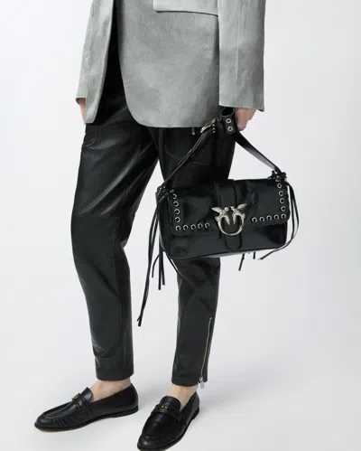Pinko Soft Love Bag Slouchy Shoulder Bag With Fringes In Nero Limousine-brushed Silver