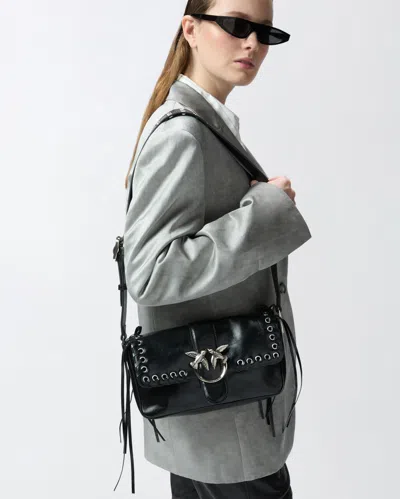 Pinko Soft Love Bag Slouchy Shoulder Bag With Fringes In Nero Limousine-brushed Silver