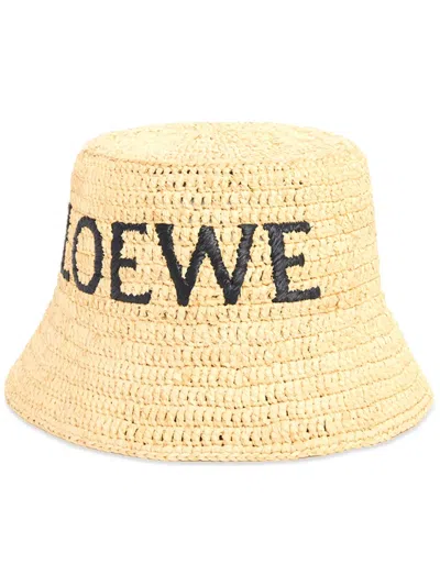 Loewe Logo-embroidered Raffia Bucket Hat In Neutrals
