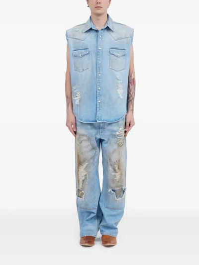 Mm6 Maison Margiela Mm6 By Maison Margiela Short-sleeved Denim-effect Shirt With Flap Pockets In Blue