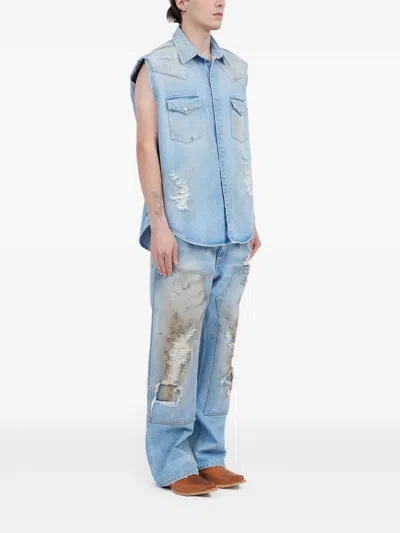 Mm6 Maison Margiela Mm6 By Maison Margiela Short-sleeved Denim-effect Shirt With Flap Pockets In Blue