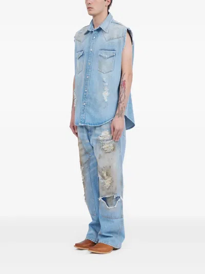 Mm6 Maison Margiela Mm6 By Maison Margiela Short-sleeved Denim-effect Shirt With Flap Pockets In Blue