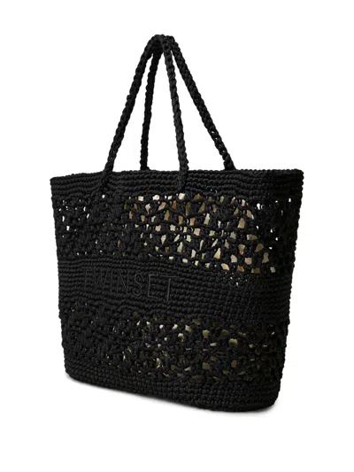 Twinset Twin-set Woven Black Drawstring Bag With Embroidered Logo In Black