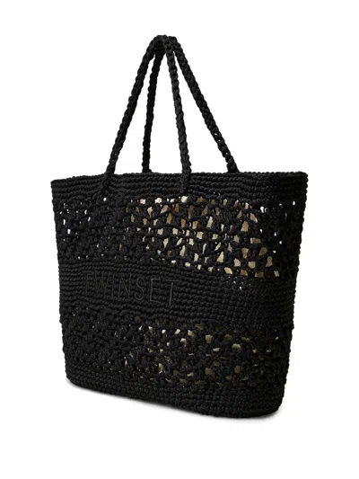 Twinset Twin-set Woven Black Drawstring Bag With Embroidered Logo In Black