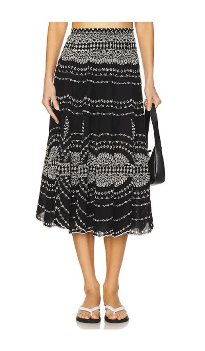 Charo Ruiz 'livvy' Black Midi Skirt With Scallop Hem And All-over Embroidery In Cotton Nad Linen Blend Woman In Black Nel?m
